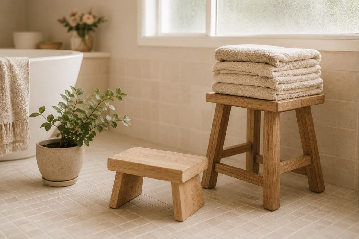 Timber toilet footstool and folded towels in a bright bathroom, set up for easier bowel emptying