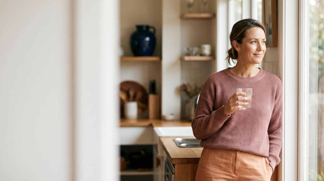 Woman holding a glass of water by a sunlit kitchen window at home, calm — urge incontinence versus stress incontinence
