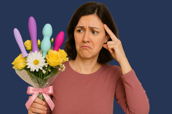 Woman holding a bouquet of flowers with colourful silicone vaginal dilators tucked among the blooms, unsure where to start