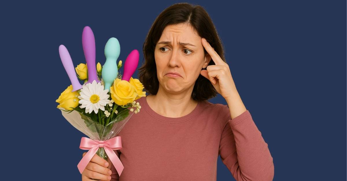 Woman holding a bouquet of flowers with colourful silicone vaginal dilators tucked among the blooms, unsure where to start
