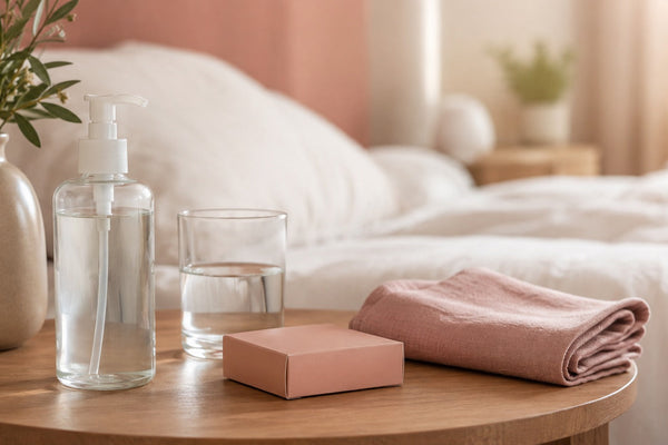 Bottle of water-based lube, a condom box and a glass of water on a bedside table in soft morning light