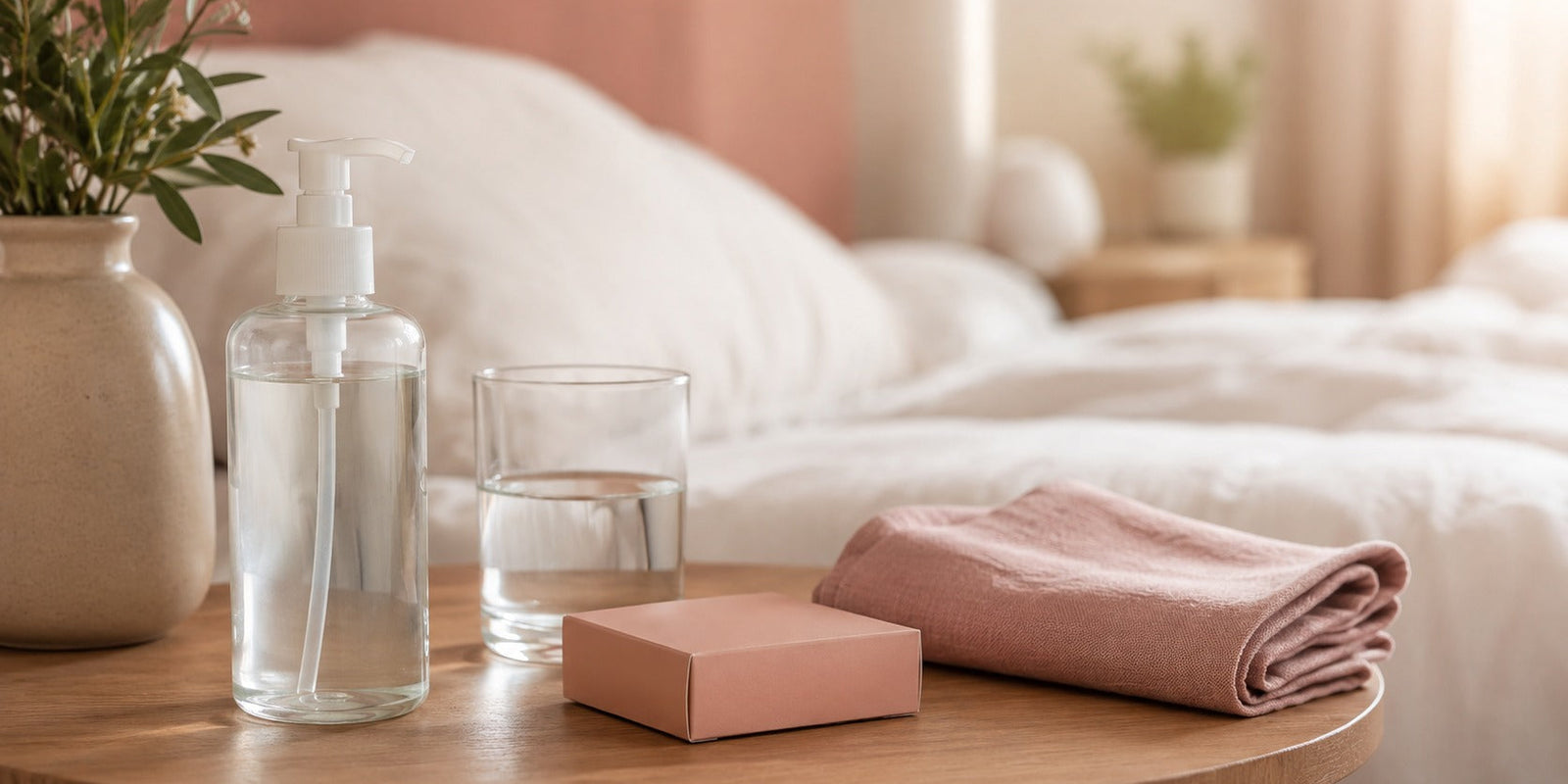 Bottle of water-based lube, a condom box and a glass of water on a bedside table in soft morning light
