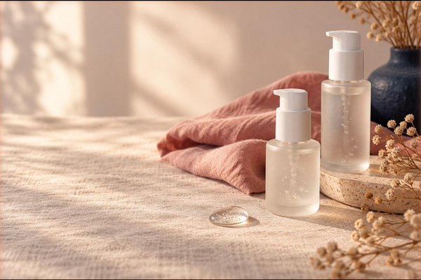 Two frosted pump bottles of clear personal lubricant on oatmeal linen with a dusty-rose napkin, a drop of gel and dried flowers in warm window light