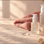 Two frosted pump bottles of clear personal lubricant on oatmeal linen with a dusty-rose napkin, a drop of gel and dried flowers in warm window light