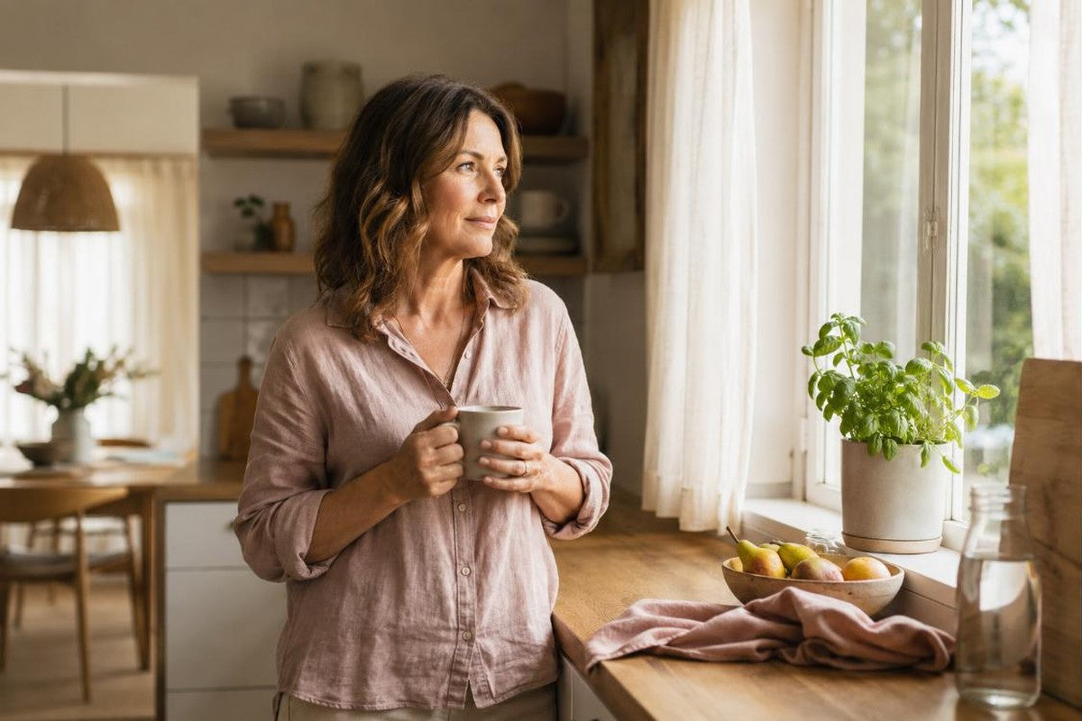 Woman in her fifties standing at a sunlit kitchen bench at home with a mug, thinking through prolapse symptoms