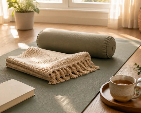 At-home pelvic floor recovery scene — sage yoga mat, bolster pillow, knit blanket, herbal tea, and a book by a sunlit window. A calm setting for vaginismus treatment at home.