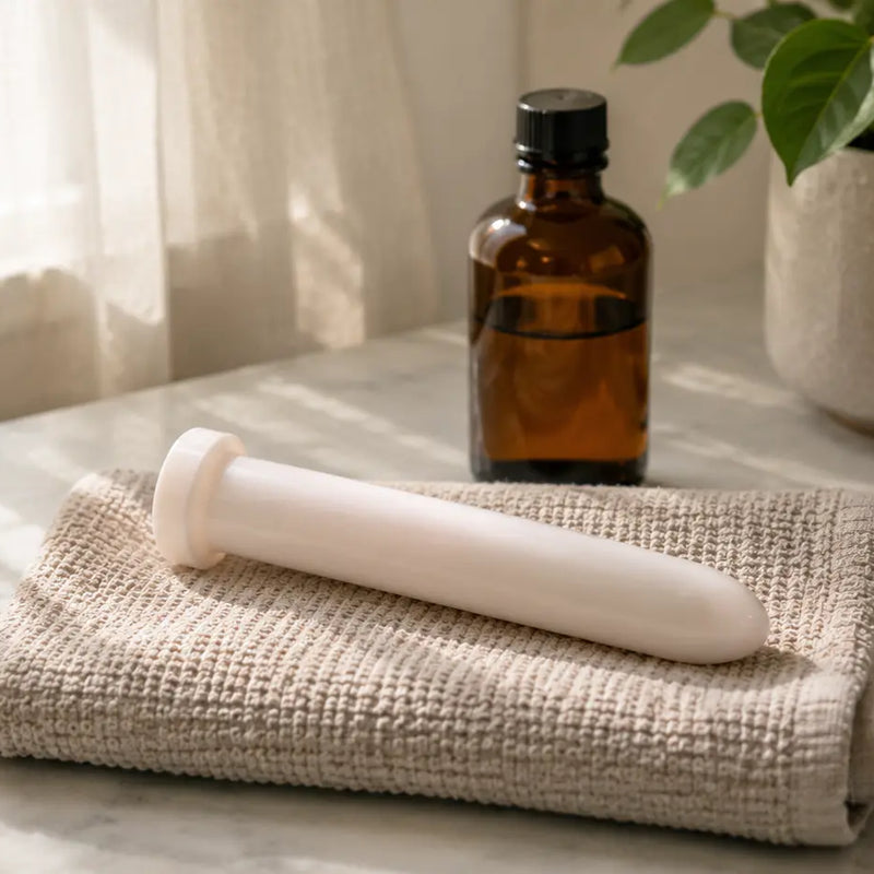 White plastic Amielle Care vaginal dilator resting on a folded washcloth on marble, beside an amber-glass bottle and leafy plant — calm setting for introducing dilator therapy.