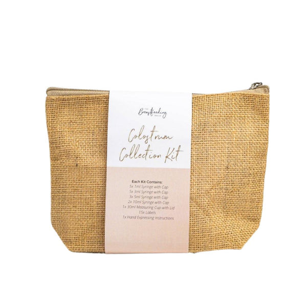An Antenatal Colostrum Collection Kit by The Breastfeeding Tea Co, neatly packaged in a tan woven pouch with a zipper, is labeled "Beautifully" at the top. The label lists the kit's contents: 5ml syringes, 3ml syringes, 1.5ml syringes, 1-in-10 lid caps, and hand expressing instructions for antenatal expression to support breastfeeding.