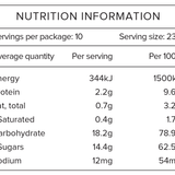 Here is an updated version of the sentence incorporating the product data:

A nutrition information label for Lactation Hot Chocolate with Collagen by The Breastfeeding Tea Co, detailing its support for breastmilk supply. Each package contains 10 servings, with each serving size being 23g. Per serving: 344kJ energy, 2.2g protein, 0.7g fat, 0.4g saturated fat, 18.2g carbohydrate, and 14.4g sugars.
