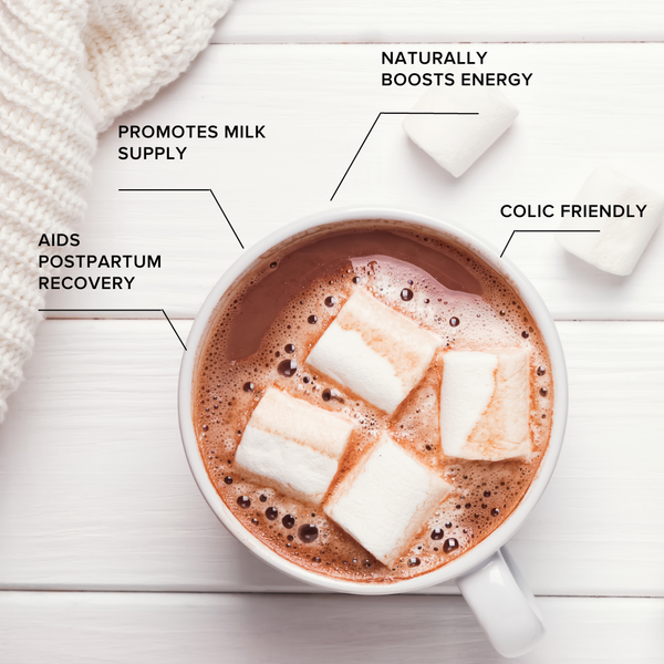 A cup of The Breastfeeding Tea Co's Lactation Hot Chocolate with Collagen, topped with large marshmallows, sits on a white wooden surface. Surrounding text highlights benefits: "Promotes milk supply," "Aids postpartum recovery," "Naturally boosts energy," and "Colic friendly." A white knitted fabric is visible in the background.