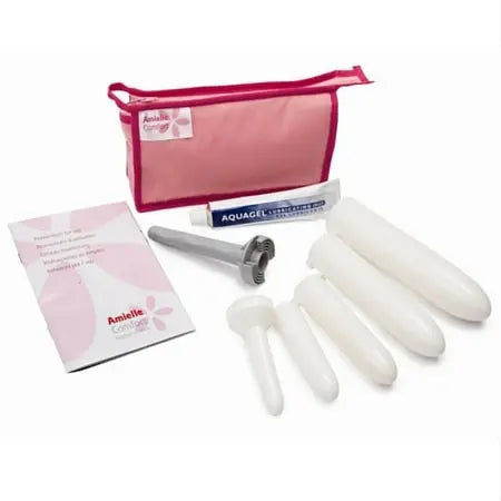 Amielle Comfort five-piece tapered plastic vaginal dilator set in graduated sizes, with universal locking handle and Aquagel lubricant in the manufacturer's pink travel pouch — made in the UK.