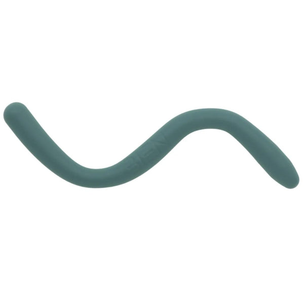 The Bien Wave - Pelvic Floor Wand by BIEN Australia is a curvy, elongated teal item with a smooth texture, shaped like a zigzag or an extended "S." Both ends are rounded and maintain consistent thickness throughout. Resembling traditional pelvic floor wands, it appears to be made of flexible silicone or rubber and may aid in pelvic floor muscle training.