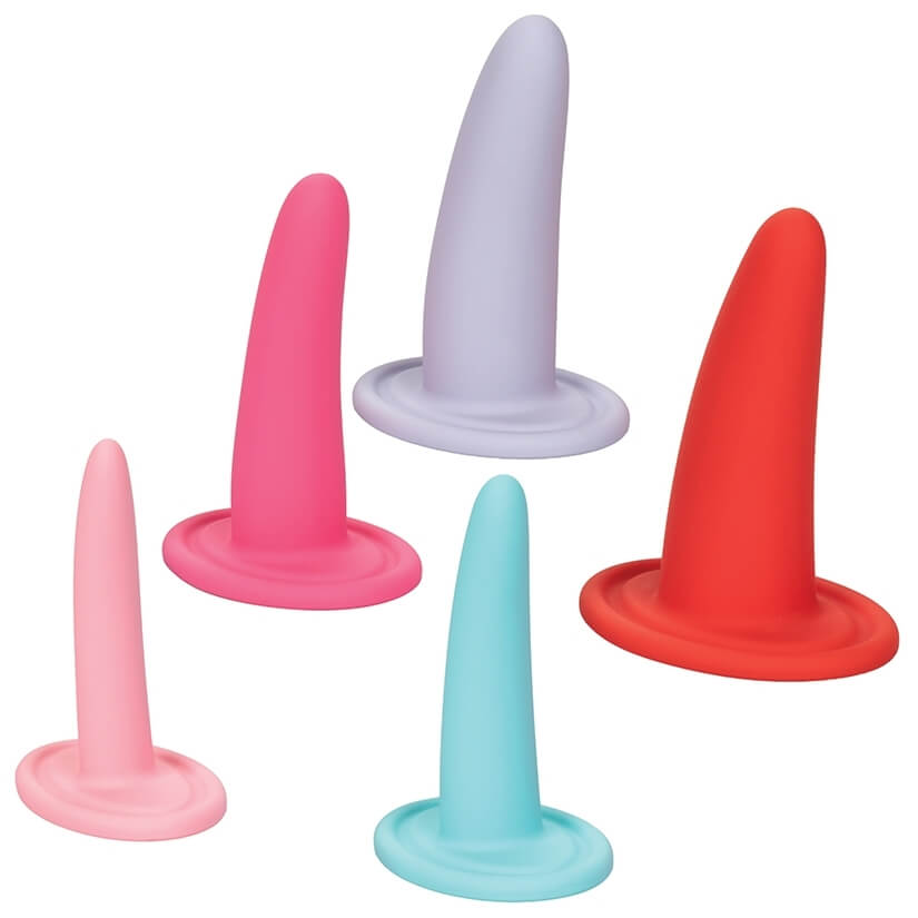 The She-ology™ 5-piece Wearable Vaginal Dilator Set by Calexotics includes five silicone dilators in a range of colors—light pink, dark pink, light purple, turquoise, and red. Designed for vaginal wellness and pelvic floor health, each wearable vaginal dilator features a narrow, tapered shape with a flat, round base.
