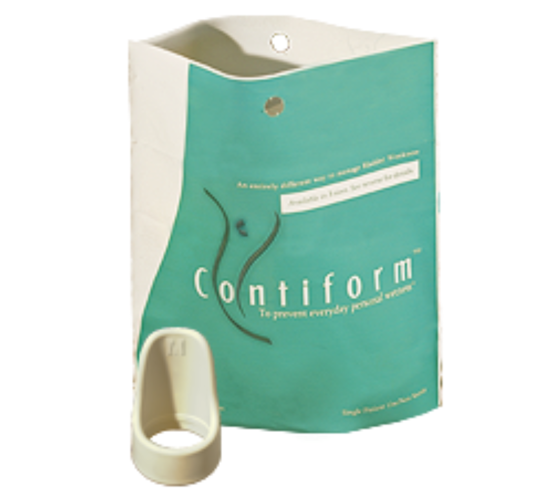 A teal and white Contiform box with a minimalist female body design sits beside the reusable Contiform Australia pessary—an oval, beige device for bladder control and managing stress urinary incontinence in women.