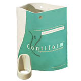 A teal and white Contiform box with a minimalist female body design sits beside the reusable Contiform Australia pessary—an oval, beige device for bladder control and managing stress urinary incontinence in women.