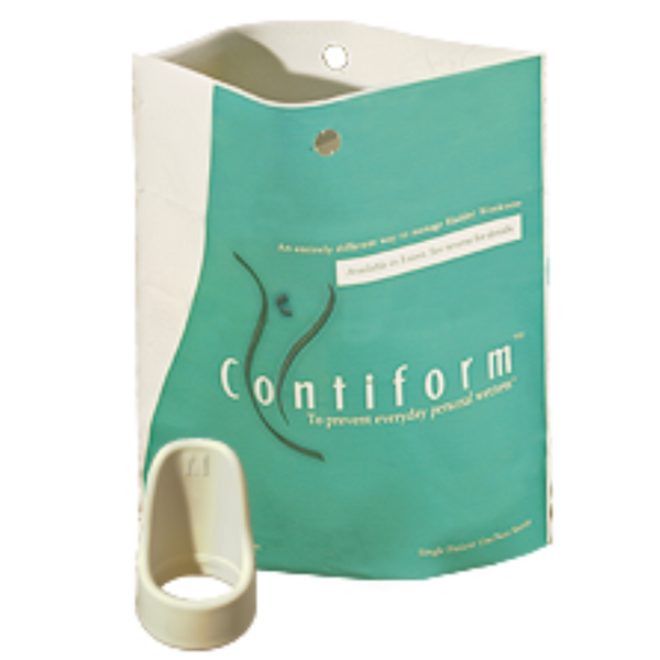 A teal and white Contiform box with a minimalist female body design sits beside the reusable Contiform Australia pessary—an oval, beige device for bladder control and managing stress urinary incontinence in women.
