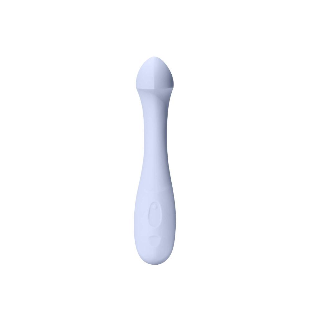 The Dame Arc by Dame is a smooth, curved G-Spot vibrator in light blue, made from medical-grade silicone. It features a rounded tip specifically designed for clitoral stimulation and includes a single button on the body. The product is isolated on a white background.