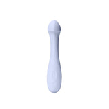 The Dame Arc by Dame is a smooth, curved G-Spot vibrator in light blue, made from medical-grade silicone. It features a rounded tip specifically designed for clitoral stimulation and includes a single button on the body. The product is isolated on a white background.