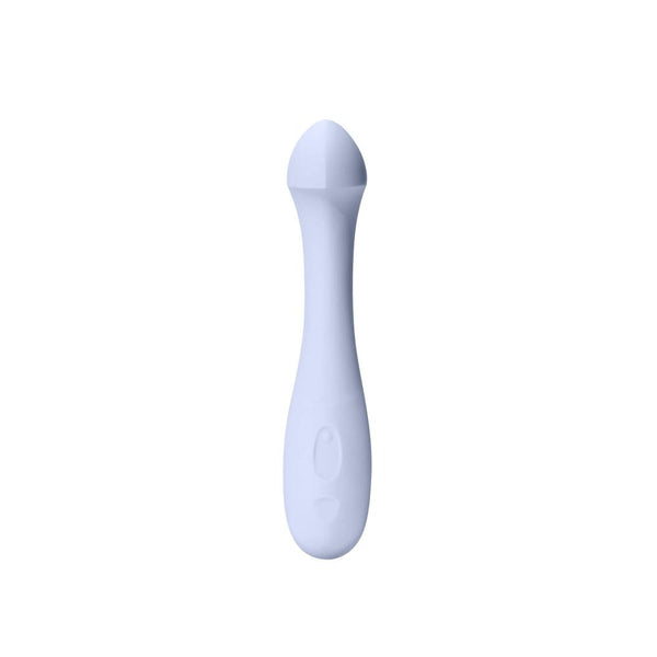 The Dame Arc by Dame is a smooth, curved G-Spot vibrator in light blue, made from medical-grade silicone. It features a rounded tip specifically designed for clitoral stimulation and includes a single button on the body. The product is isolated on a white background.