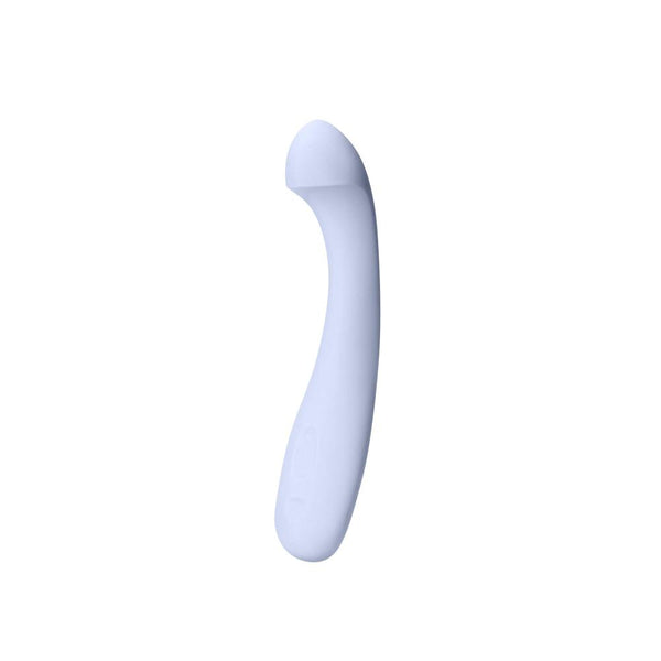 The Dame Arc - G-Spot Vibrator, by Dame, is a light blue massage wand featuring a curved design and crafted from medical-grade silicone. It has a rounded tip for precisely targeted clitoris stimulation and is designed for personal use, shown on a plain white background.