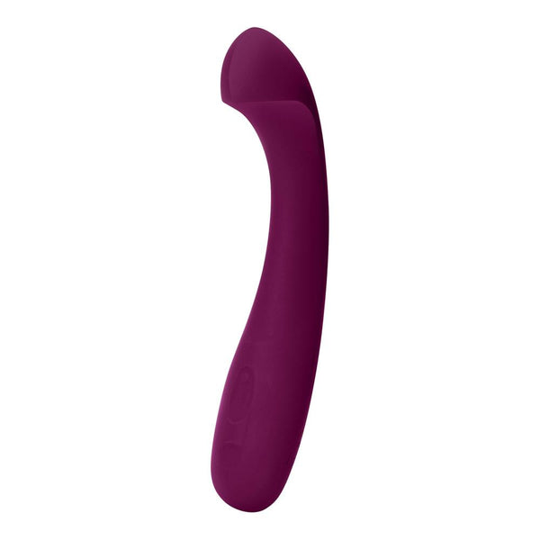 The Dame Arc - G-Spot Vibrator by Dame is a purple, curved silicone device made from medical-grade silicone with a rounded tip. Its sleek, ergonomic design meets G-spot and clitoral stimulation needs, ensuring a smooth texture for added comfort.