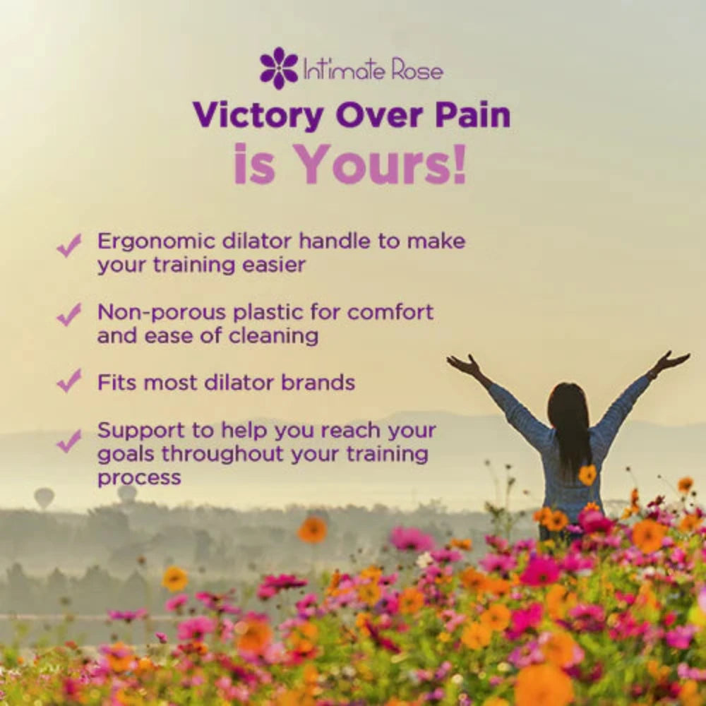 A silhouette of a person with arms raised in a field of flowers symbolizes freedom and strength, alongside text emphasizing the ergonomic design of the Intimate Rose Dilator Handle. Made from medical-grade silicone, it ensures ease and support in pelvic health training. A purple flower logo displays the "Intimate Rose" brand name, highlighting its compatibility with various vaginal dilator sets.