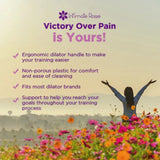 A silhouette of a person with arms raised in a field of flowers symbolizes freedom and strength, alongside text emphasizing the ergonomic design of the Intimate Rose Dilator Handle. Made from medical-grade silicone, it ensures ease and support in pelvic health training. A purple flower logo displays the 