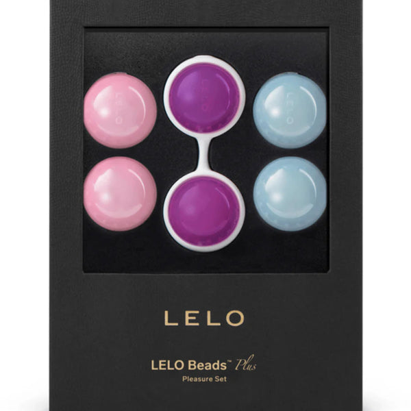 The LELO Beads Plus Pleasure Set from LELO features six round vaginal weights in pink, purple, and blue with a white silicone holder, designed to enhance pelvic floor training.
