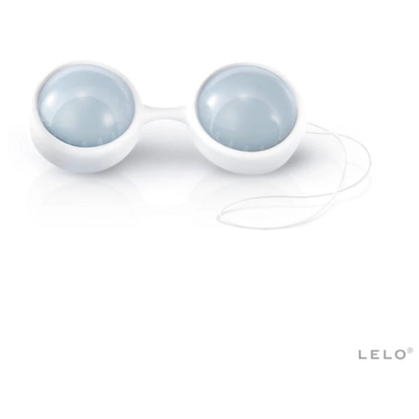 The LELO Beads Plus Pleasure Set by LELO features white and pale blue vaginal weights connected by a silicone bridge with a looped retrieval string, displayed on a plain white background with the LELO logo—perfect for pelvic floor training.