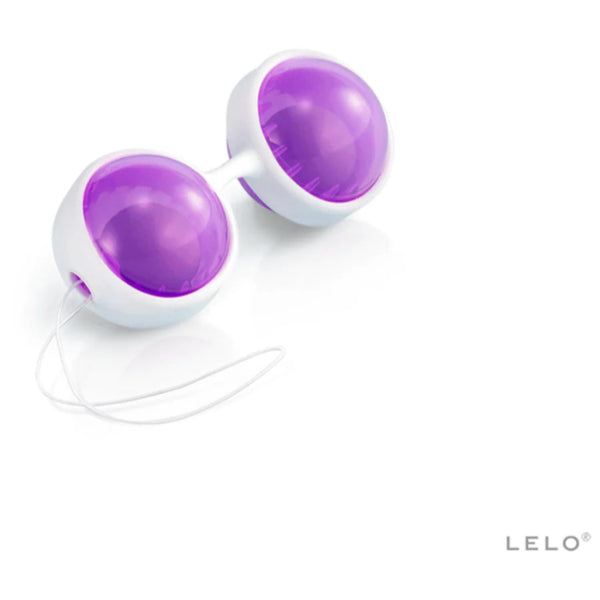 The LELO Beads Plus Pleasure Set, featuring two connected round white and purple Ben Wa balls with a retrieval string, is displayed on a white background. The LELO logo appears in the bottom right corner. Ideal for pelvic floor training.