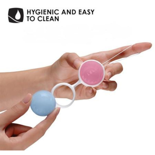 A hand holds a pair of connected LELO Luna Beads Classic kegel exercisers, one blue and one pink, with the text "HYGIENIC AND EASY TO CLEAN" and a water droplet icon above, highlighting LELO's support for pelvic floor strength.