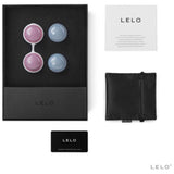The LELO Luna Beads Mini set by LELO includes two pink and two blue beads, a black storage pouch, instruction manual, and warranty card in a black box—a discreet Kegel exerciser for pelvic floor strengthening.