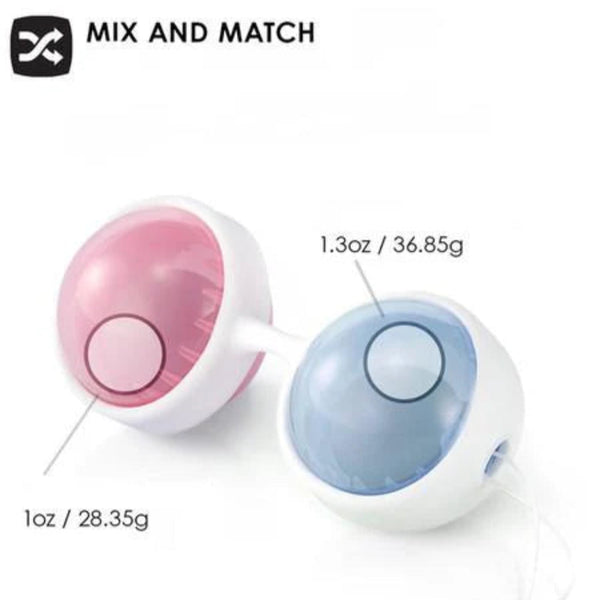 The LELO Luna Beads Classic by LELO features two spherical Kegel exercise aids—a pink (1oz/28.35g) and a blue (1.3oz/36.85g)—linked by a white handle, with "MIX AND MATCH" above, designed to enhance pelvic floor strength.