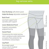 Infographic detailing the anatomical support panels in SRC Pregnancy & Maternity Shorts by SRC Health. Features sections for 