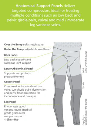 Infographic detailing the anatomical support panels in SRC Pregnancy & Maternity Shorts by SRC Health. Features sections for "Over the Bump," "Back Panel," "Lower Abdominal Panel," "Gusset Panel," and "Leg Panel." Each section provides a brief description of benefits and purposes, with a focus on pelvic support to alleviate low back pain.