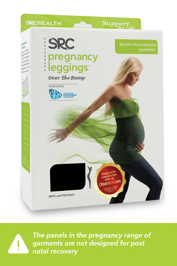 A product box for SRC Pregnancy Leggings - Over the Bump by SRC Health, featuring a pregnant woman wearing the leggings and draped in a green sheer fabric. The text highlights features such as "Over the Bump" support, pelvic support, health fund rebate availability, and design approval for obstetrician use.