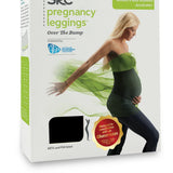 A product box for SRC Pregnancy Leggings - Over the Bump by SRC Health, featuring a pregnant woman wearing the leggings and draped in a green sheer fabric. The text highlights features such as 