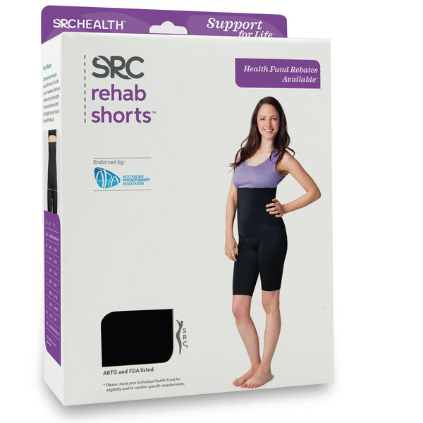 SRC Rehab high-waist compression shorts product packaging