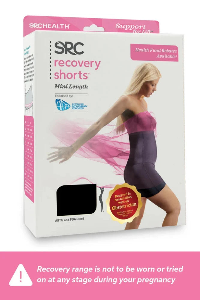 The image displays the product packaging for SRC Health's SRC Recovery Short - Mini, specifically designed for postpartum recovery. The box includes a photo of a woman modeling the shorts and provides details on health fund rebates. Additionally, a warning advises against wearing or trying on this item during pregnancy to ensure safe postpartum recovery with medical-grade compression.