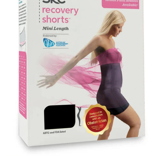 The image displays the product packaging for SRC Health's SRC Recovery Short - Mini, specifically designed for postpartum recovery. The box includes a photo of a woman modeling the shorts and provides details on health fund rebates. Additionally, a warning advises against wearing or trying on this item during pregnancy to ensure safe postpartum recovery with medical-grade compression.