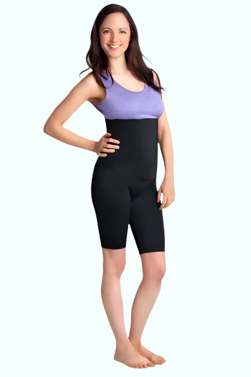 Woman wearing black SRC Rehab high-waist compression shorts, front view