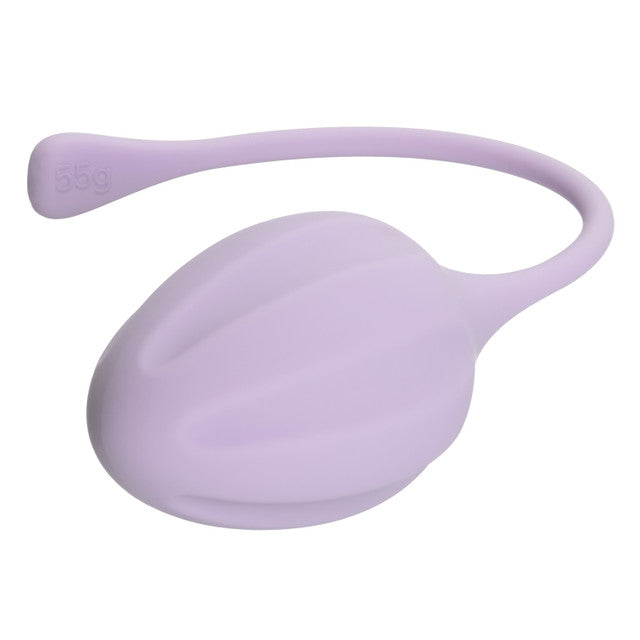 The Calexotics Kegel Weights 3-Piece Set includes a lavender kegel exercise ball crafted from body-safe silicone, featuring a smooth, rounded design and a flexible tail for easy retrieval. Perfect for Kegel training, it displays an embossed 55g weight marking on the tail to aid in strengthening pelvic floor muscles.