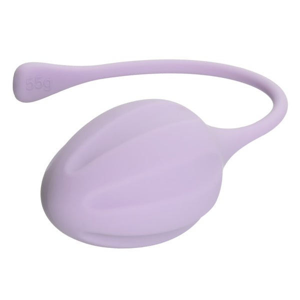The Calexotics Kegel Weights 3-Piece Set includes a lavender kegel exercise ball crafted from body-safe silicone, featuring a smooth, rounded design and a flexible tail for easy retrieval. Perfect for Kegel training, it displays an embossed 55g weight marking on the tail to aid in strengthening pelvic floor muscles.
