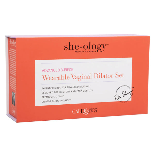 An orange and white box labeled "She-ology™ 3-piece Wearable Vaginal Dilator Set" by Calexotics, designed for advanced vaginal dilation, comfort, and mobility with body-safe silicone. The box also includes the signature of Dr. Sherry and a dilator guide.