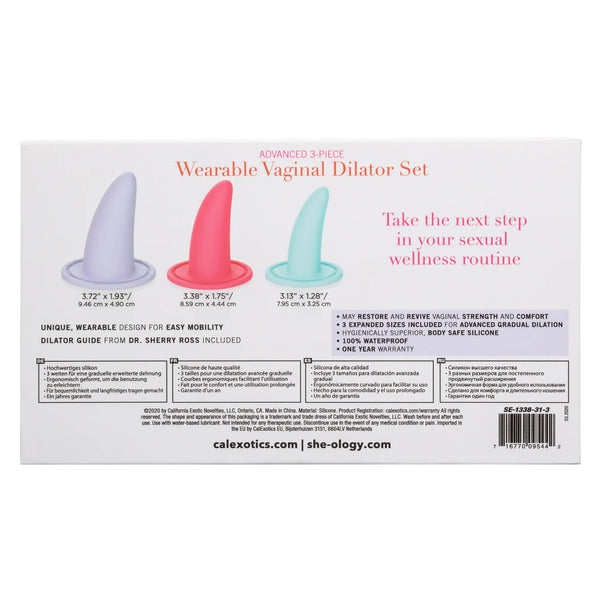 The image displays the packaging of the She-ology™ 3-piece Wearable Vaginal Dilator Set from Calexotics. This set includes three dilators in a variety of sizes and colors: purple, pink, and blue. The text on the package emphasizes its body-safe silicone construction, specifically designed for pelvic health, and it also includes a dilator guide.