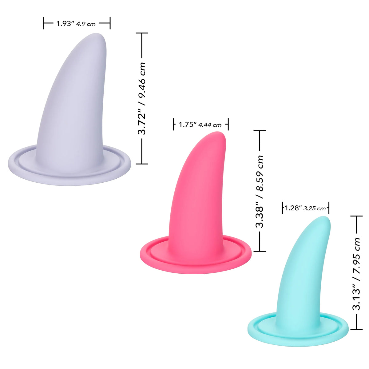 The She-ology™ 3-piece Wearable Vaginal Dilator Set by Calexotics includes an image of three differently colored, body-safe silicone objects shaped like small cones with flat circular bases. These silicone objects are grey, pink, and teal and come with measurements for their height and width in both inches and centimeters. This set is specifically designed for vaginal dilation.