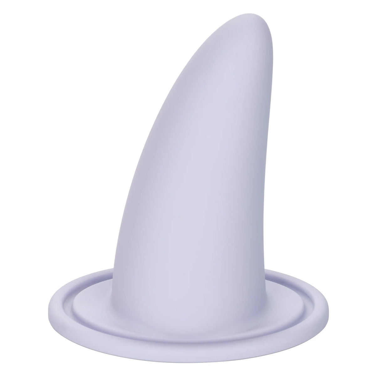 The She-ology™ 3-piece Wearable Vaginal Dilator Set by Calexotics features a smooth, conical white dilator rising from a circular base. The sleek design, made from body-safe silicone with a soft matte finish, resembles a fin or horn and is ideal for use as part of the wearable set.