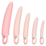Discover the Calexotics Inspire Silicone Dilator Kit, a 5-piece set designed for vaginal wellness and post-surgical recovery. It includes pink and beige dilators in various sizes with rounded tips and open loop handles for comfortable use.