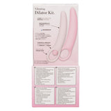 The Calexotics Inspire Vibrating Dilator Kit 3-Piece Set box shows three pink, ergonomically curved silicone dilators with looped handles. Waterproof and wireless, they’re perfect for pelvic floor therapy and easy to remove.
