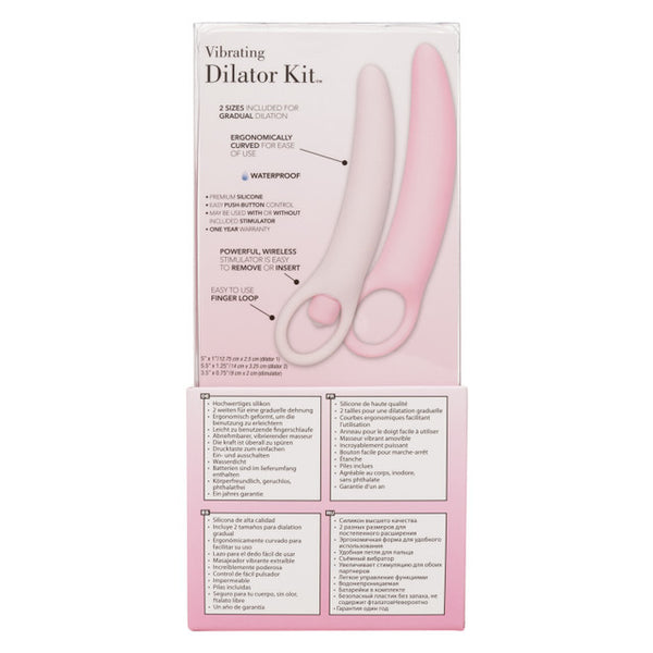 The Calexotics Inspire Vibrating Dilator Kit 3-Piece Set box shows three pink, ergonomically curved silicone dilators with looped handles. Waterproof and wireless, they’re perfect for pelvic floor therapy and easy to remove.